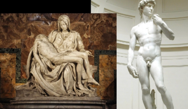 <p>Michelangelo: Pietà (1498), David (1501–1504). </p>