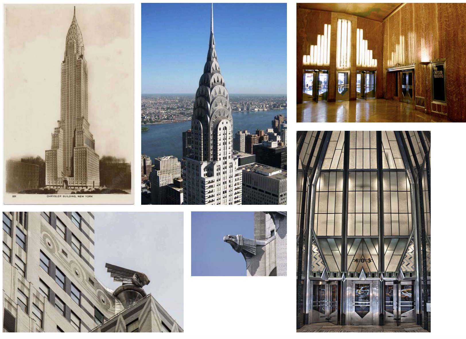<p>Done in the Zigzag Moderne style. The Chrysler Building in</p><p>dulged in lively geometric decorations, including a seven-tiered starburst steeple. Such details as hubcaps in the friezes and corner gargoyles derived from the hood ornaments of the Chrysler automobile enhanced the tower's role as advertising</p>