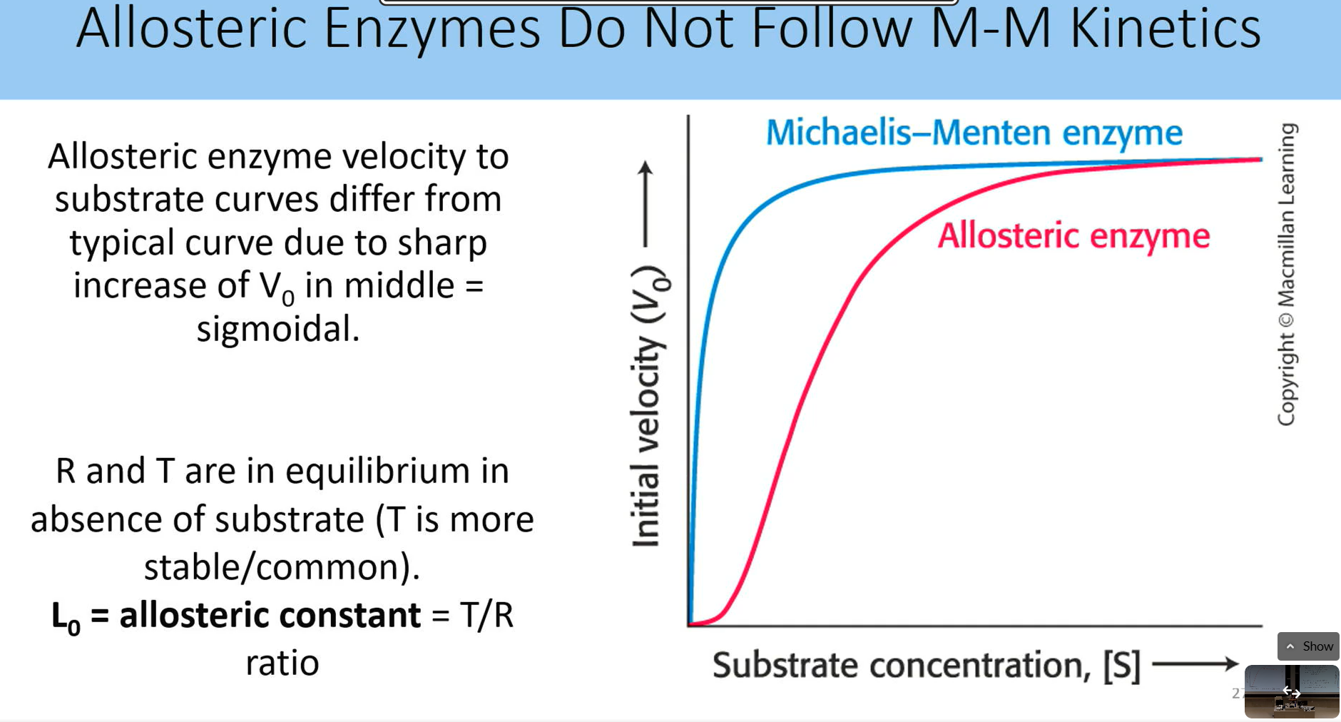 <p>allosteric enzyme velocity to substrate curves differ from typuca curve due to sharp increase of V0 in middle = sigmoidal</p><ul><li><p>R and T are in equillibim in absence of substrate (T is more stable/common)</p></li><li><p>l0 = allosteric constate = T/R ration</p></li></ul><p></p>