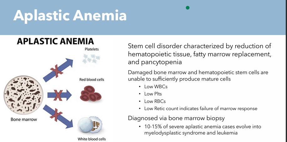 <p>Stem cell disorder characterized by reduction of hematopoietic tissue, fatty marrow replacement and pancytopenia</p><ul><li><p>Damaged bone marrow and hematopoietic stem cells are unable to sufficiently produce mature cells</p><ul><li><p>Low WBCs</p></li><li><p>Low Plts</p></li><li><p>Low RBCs</p></li><li><p>Low Retic count (indicates failure of bone marrow response)</p></li></ul></li></ul><p></p>