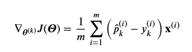 <p>$\nabla_{\boldsymbol{\theta}^{(k)}} J(\boldsymbol{\Theta}) = \frac{1}{m} \sum_{i=1}^m (\hat{p}_k^{(i)} - y_k^{(i)}) \mathbf{x}^{(i)}$.</p>