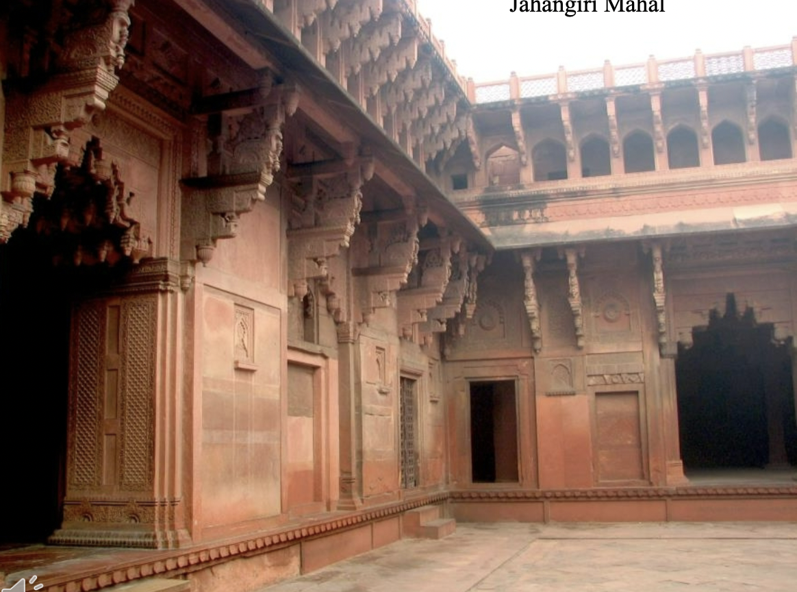 <p>Jahangiri Mahal at Agra Fort, 16th century, Agra, Mughal</p><ul><li><p>zenana = imperial women’s quarters</p></li><li><p>calm, balance, order</p></li><li><p>iwan + pishtaq portal</p></li><li><p>chattris mark end of facade (like how minerets did)</p></li><li><p>red sandstone</p></li><li><p>corbeled arches</p></li><li><p>visual representation</p></li><li><p>chini khana used as a screen</p></li><li><p><strong>Mughal theme: eclectic architecture symbolic of the Mughal eclectic population</strong></p></li></ul><p></p>