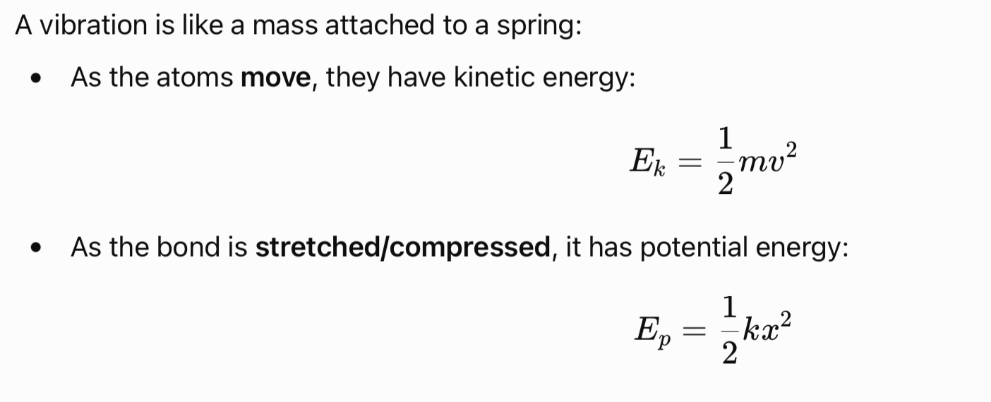 <p><span style="font-size: medium;">The key difference is that </span><strong>vibration involves a restoring force</strong><span style="font-size: medium;">, while idealized translation and rotation do not; w</span>hen atoms vibrate, restoring force <span style="font-size: medium;">toward equilibrium separation </span>is involved in the bond stretching/compressing; <span style="font-size: medium;">therefore each vibrational mode contributes twice as much energy (1/2K<sub>B</sub>T + 1/2K<sub>B</sub>T = K<sub>B</sub>T ).</span></p><p><span style="font-size: medium;">(note: real molecules can have additional potential-energy contributions, e.g., intermolecular interactions. The distinction above is the </span>idealized molecular degree-of-freedom treatment used for equipartition<span style="font-size: medium;">.)</span></p>