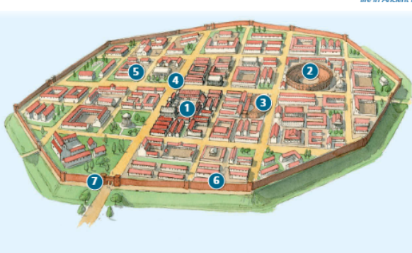 <ul><li><p>Grid pattern</p></li><li><p>Paved streets (North-South and East-West</p></li><li><p>Town walls for defence</p></li><li><p>Main gates</p></li></ul><p></p>