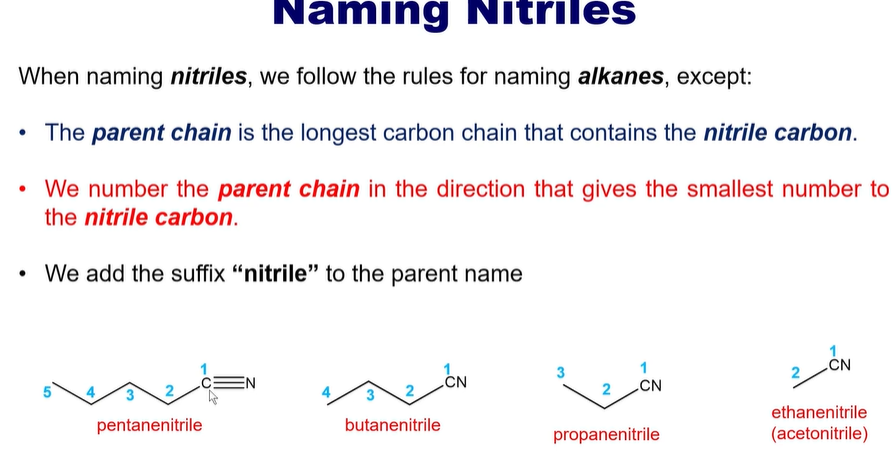 <p>Follow rules for naming <strong>Alkenes </strong>except</p><ul><li><p>Parent chain is the longest carbon chain that contains a nitrile carbon.</p></li><li><p>The parent chain is in the direction that gives the smallest number to the nitrile carbon. </p></li><li><p>Then add the suffix <strong>nitrile.</strong></p></li></ul><p></p>