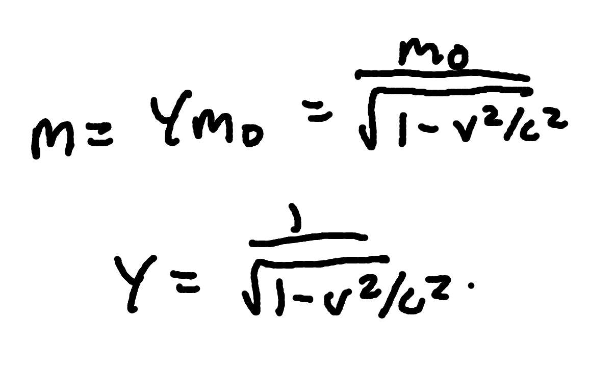 <p>where</p><p>m(v) = relativistic mass</p><p>γ = Lorentz factor</p><p>v = velocity</p><p>c = speed of light (3×10^8m/s)</p>