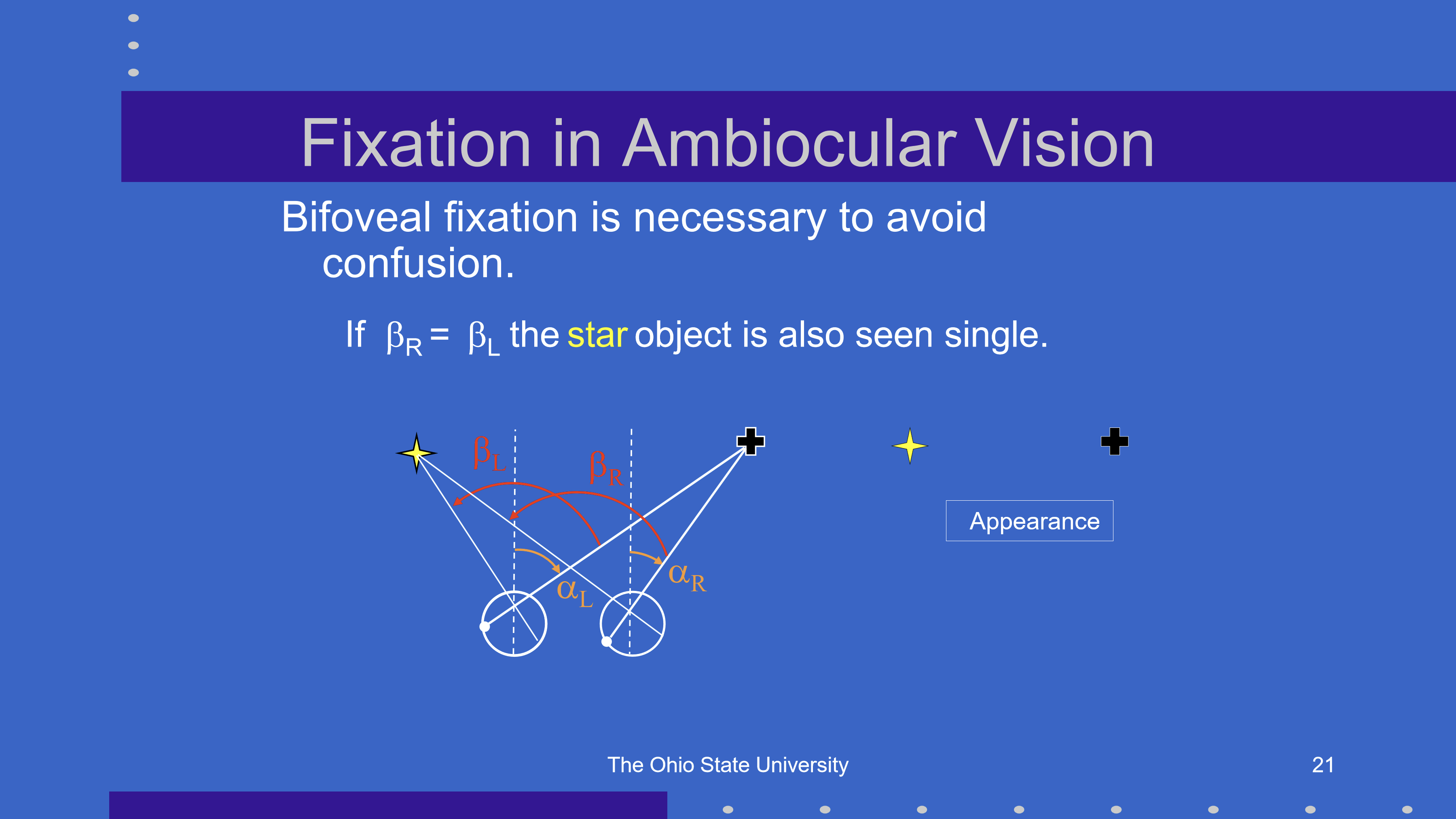 <p>The star is seen single when the fixation angles are equal:<br>β<sub>R</sub> = β<sub>L</sub><br>This means each eye is directed appropriately toward the same object, supporting single binocular perception.</p>
