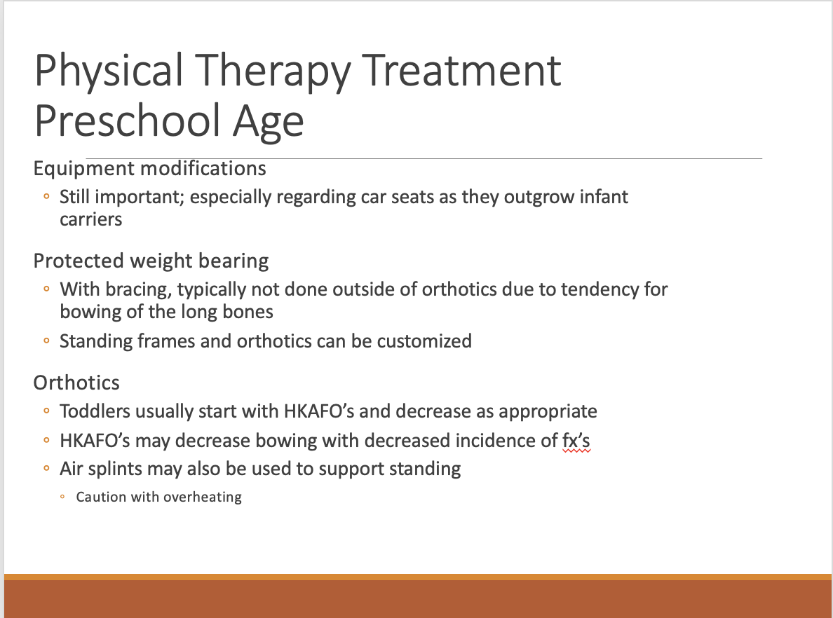 <p><span>Ex. From SFO to AFO – make sure you are not causing pressure issues, don’t want to end up with fx of foot because its on the wrong way or fit incorrectly</span></p><p style="text-align: left;"><span>Air casts and air splints are better for this population because they are supported but have some give for pressure</span></p><p style="text-align: left;"><span>Watch torque on long joints but we want active</span></p><p style="text-align: left;"><span>If you are running aquatic be aware of breathing issues (aquatic works well this population)</span></p>