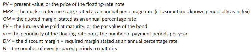 The simplified pricing model uses the same MRR for every cash flow, so it collapses to an ordinary TVM problem. Pricing (forward): PMT = (MRR+QM)×FV/m; I/Y = (MRR+DM)/m (as %); enter N, I/Y, PMT, FV=100, CPT PV. Solving for DM from a known price (reverse): PMT = (MRR+QM)×FV/m; enter N, PV=–price, PMT, FV=100, CPT I/Y to get periodic rate r; then DM = (r×m) − MRR.