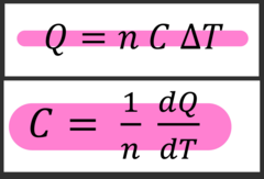 <p>For gases, one introduces the molar specific heat (C) as ...</p><p>Q = nCΔT</p><p>where n is the number of moles of the gas. </p><p>Also, one may define the molar specific heat C as </p><p>C = (1/n)(dQ/dT)</p>
