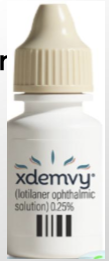 <ul><li><p>Xdemvy (0.25% lotilaner ophthalmic solution) </p></li><li><p>MOA: GABA chloride channel blocker causing paralysis to demodex mites. Is specific to invertebrates, so no harm to mammalian cells</p></li></ul><p></p>
