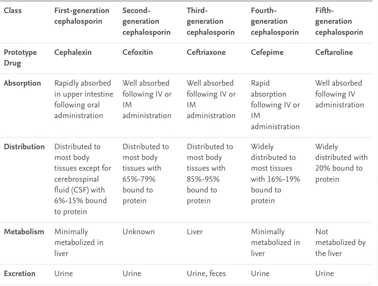 <ul><li><p><span>penicillin allergies may have cross-sensitivity to cephalosporins</span></p></li><li><p><span>1-5 gens (cephalexin, cefoxitin, ceftriaxone, cefepime, ceftaroline)</span></p></li></ul><p></p><p>Contraindications</p><ul><li><p>hypersensitivity to cephalosporin or PCN,</p></li><li><p>jaundice</p></li><li><p>premature neonates</p></li></ul><p></p>
