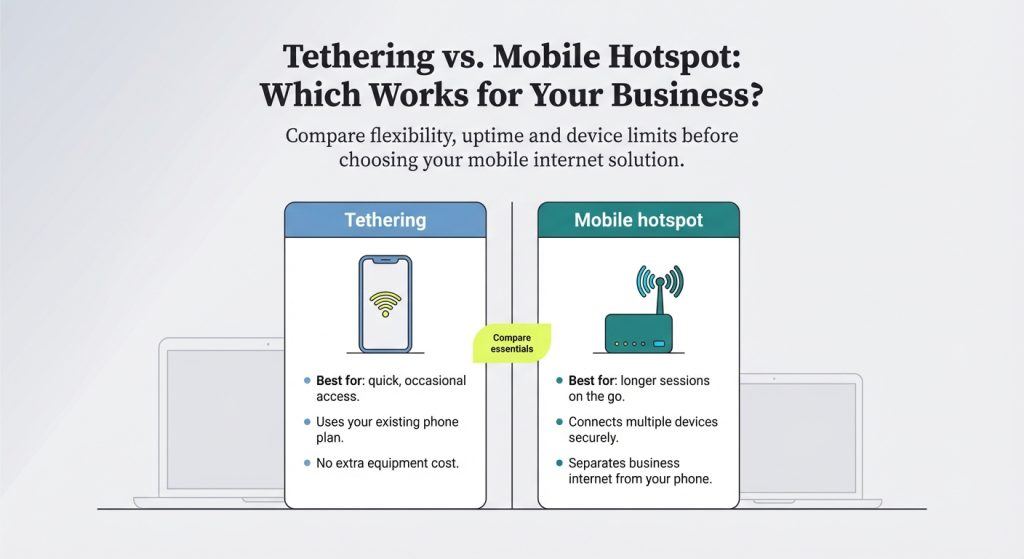 <p>A: Hotspot = multiple devices share your phone's internet; Tethering = only one device connects </p>