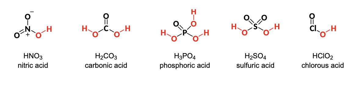 <p>acids that contain an inner atom bonded to a variable number of oxygen and acidic OH groups</p>