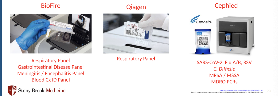 <ul><li><p>many are “sample-to-answer” platforms where assay complexity is highly reduced</p><ul><li><p>nucleic acids extracted onboard</p></li><li><p>PCR carried out on cartridge</p></li><li><p>self-sealed containers that can be discarded once used</p></li></ul></li></ul><p></p>