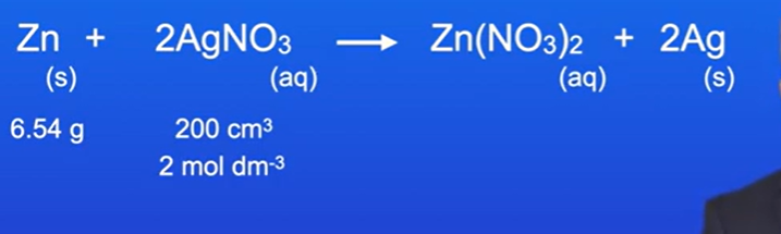 <p>6.54 g of zinc was added to 200 cm ³ of silver nitrate solution with concentration of 2 mol dm^-3</p><p>Correcting for cooling, the temperature was increased by 42 degrees C</p><p>Calculate standard enthalpy change of reaction.</p>