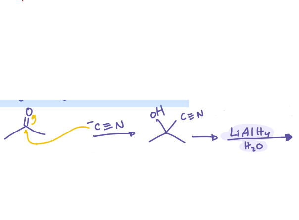 <p>Ketone + 1. -CN 2. LiAlH4/H2O </p>