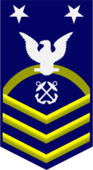 <p>Collar device is a shield on an anchor with two silver stars. The sleeve design is three gold chevrons, a gold rocker, a crow and two stars.</p>