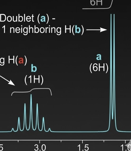 <p>¹H NMR spectrum what does a doublet (RPA 6) Multiplet (RPA 1) show</p>