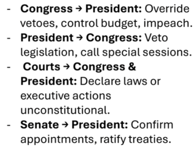<p>each branch has a too to limit or influence the others, preventing the abuse of power</p><p>—>ensures cooporation and accountability across branches</p>