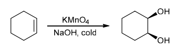<p>The two groups being added across the alkene are OH and OH, and the alkene has undergone syn addition (both OH groups have been added to the same face, resulting in an achiral meso product). Syn dihydroxylation can be accomplished by treating the alkene with KMnO4, or OsO4</p>