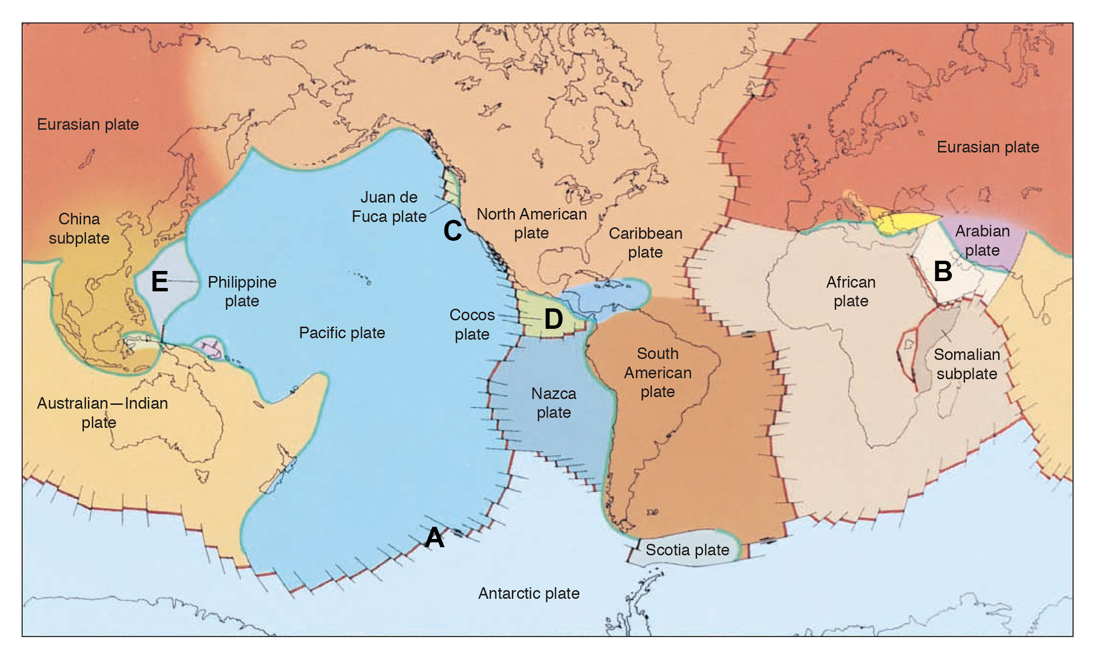 <p>Near the point labeled C in the map, the Pacific plate is in contact with the North American plate forming a fault called the San Andreas fault. What type of plate boundary is this?</p>