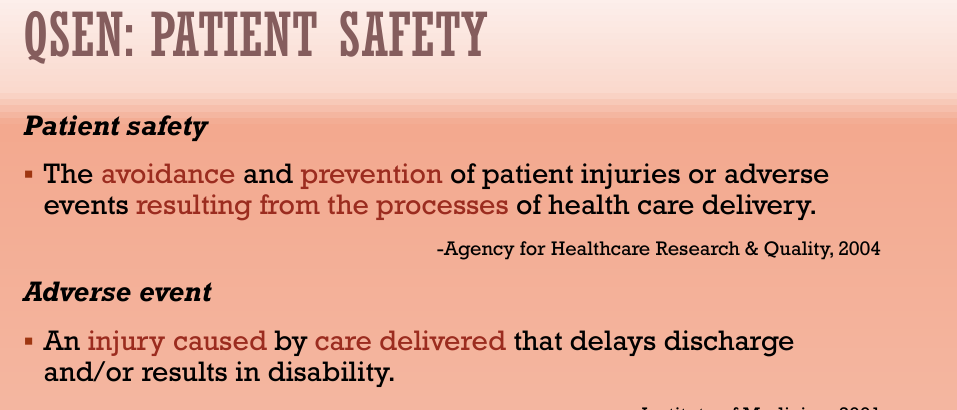 <p>Avoidance and prevention of patient injuries or adverse events resulting from processes of healthcare delivery </p><ul><li><p>Important because nurses should NEVER cause harm to patient</p></li></ul><p></p>