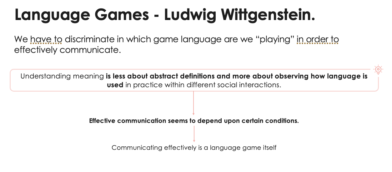 <ul><li><p><span style="font-family: "Century Gothic";">Discriminate the type of game language </span></p></li><li><p><span style="font-family: "Century Gothic";">Understanding its meaning is less about <strong>abstract definitions and more about observing how language is used</strong> in practice within different social interactions</span></p></li><li><p><span style="font-family: "Century Gothic";">Depends upon certain conditions </span></p></li></ul><p></p>