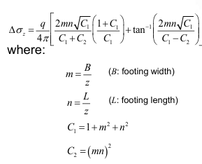 <p>Assumptions: </p><p>1) Semi-infinite, homogeneous, isotropic, linear-elastic soil mass </p><p>2) Uniform contact stress distribution (q) at the base of the rectangular area </p><p></p><p>Notes: </p><p>(1) the principle of superposition can be applied to assess stresses at other locations; </p><p>(2) the arctangent term must be a positive angle in radians (i.e. if C2> C1, pi must be added to that angle)</p>