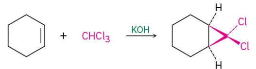 <p>Product: pie bond is broken, both Carbons attach to a new carbon, and both Chlorines are also connected to that new Carbon, with one Chlorine coming towards you and one away from you.</p>