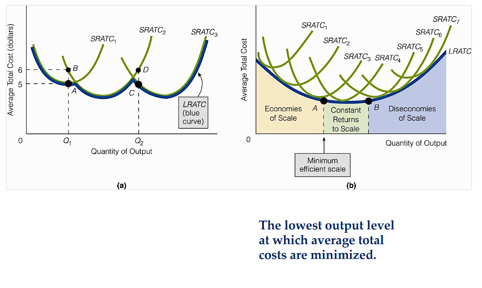 <ul><li><p>Up to a certain point, long-run unit costs of production fall as a firm grows. There are two main reasons for this:</p><ul><li><p>Growing firms offer greater opportunities for employees to specialize.</p></li><li><p>Growing firms can take advantage of highly efficient mass production techniques and equipment that ordinarily require large setup costs and thus are economical only if they can be spread over a large number of units.</p></li></ul></li></ul><p></p>