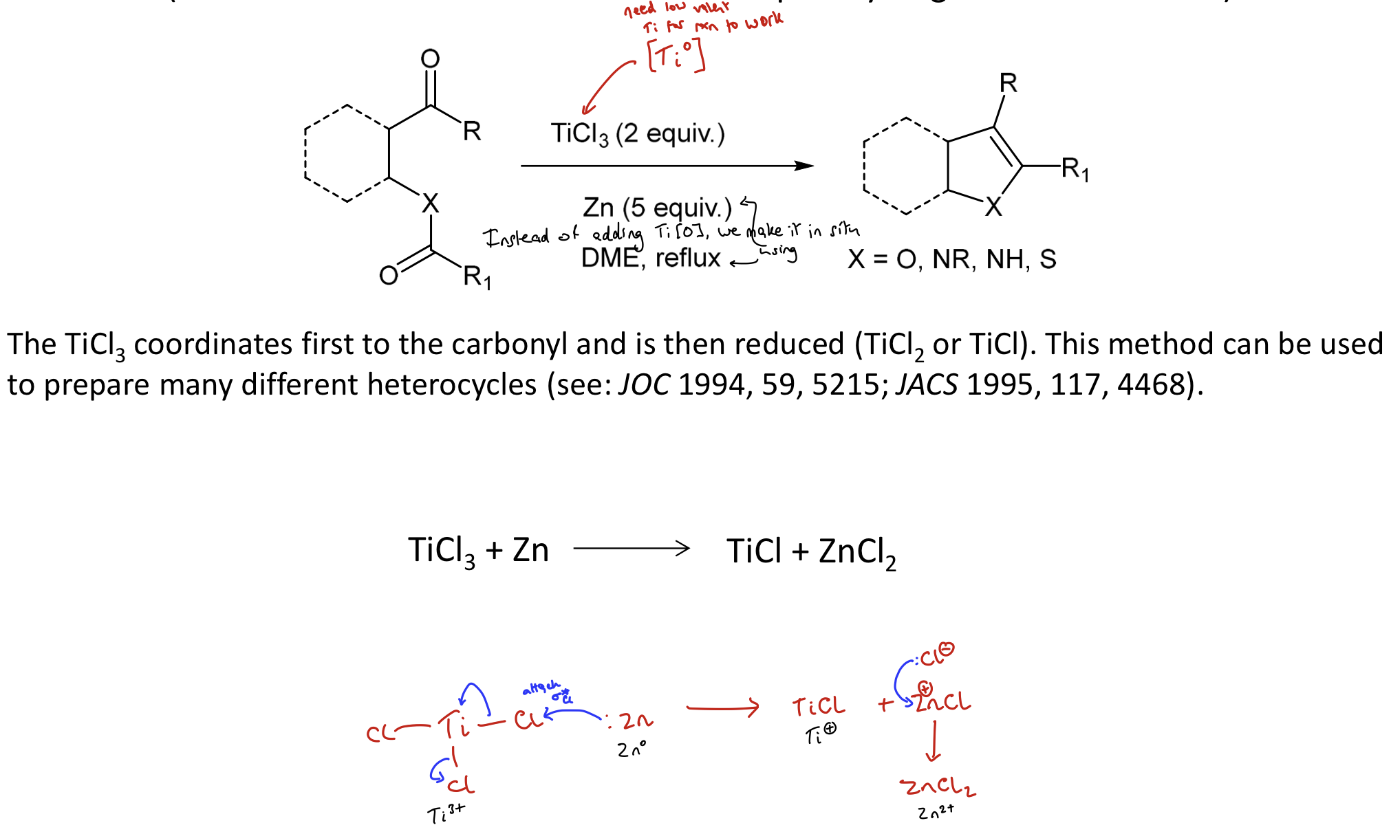 <p>Active [Ti] generated in presence of carbonyl species with zinc as reductant - instant method.</p><p>Zn donates its lone pair into the sigma* orbital on Ti-Cl, breaking one of the Ti-Cl bond and kicking a Cl out of the complex</p><p>Makes TiCl and Zn(+)Cl</p><p>The floating Cl- attacks the Zn+ to form TiCl and ZnCl2</p>