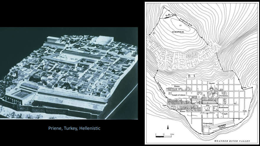 <p>A rigid orthogonal city grid on the side of a sloping hillside. It was built on the hill with a valley seperating the city and its acropolis on the other side of the valley. The careful directions of each building in the grid demonstrate greeks belifes in rational urban order</p>