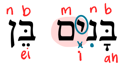 <p>(m) son - “ben” think of Benjamin “son of the right hand”</p>