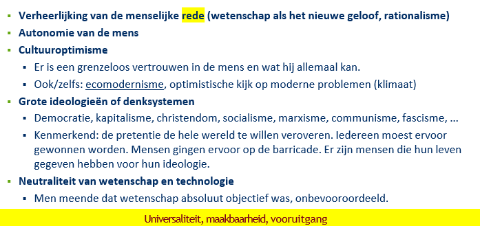 <p>rede, autonomie vd mens, cultuuroptimisme</p>