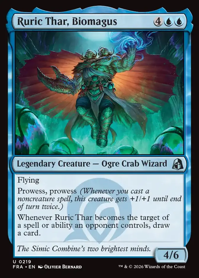 <p>Flying</p><p>Prowess, prowess <em>(Whenever you cast a noncreature spell, this creature gets +1/+1 until end of turn twice.)</em></p><p>Whenever Ruric Thar becomes the target of a spell or ability an opponent controls, draw a card.</p>