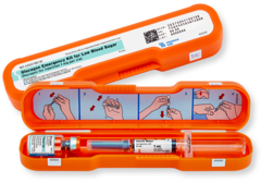 <p>GlucaGen</p><p>Antihypoglycemic Agent; Antidote</p><p>Indication(s): Severe hypoglycemia when oral glucose or IV dextrose is not available; antidote for beta-blocker toxicity.</p><p>Side effect(s): Nausea, vomiting, hyperglycemia</p><p>Note(s): Stimulates hepatic glycogenolysis to increase blood glucose; may be less effective when hepatic glycogen stores are depleted.</p>