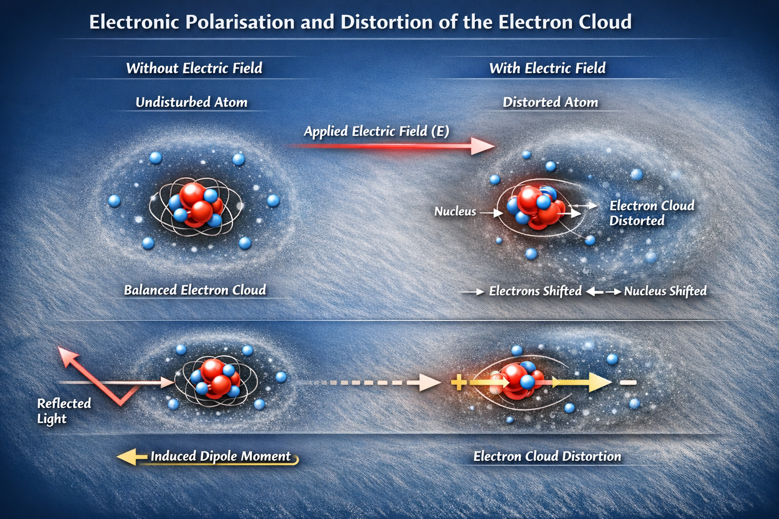 <p>electronic polarisation</p><p>electron cloud temporarily distorted creating a temporary dipole moment</p><p>one side of electron cloud slightly positive and the other slightly negative</p>