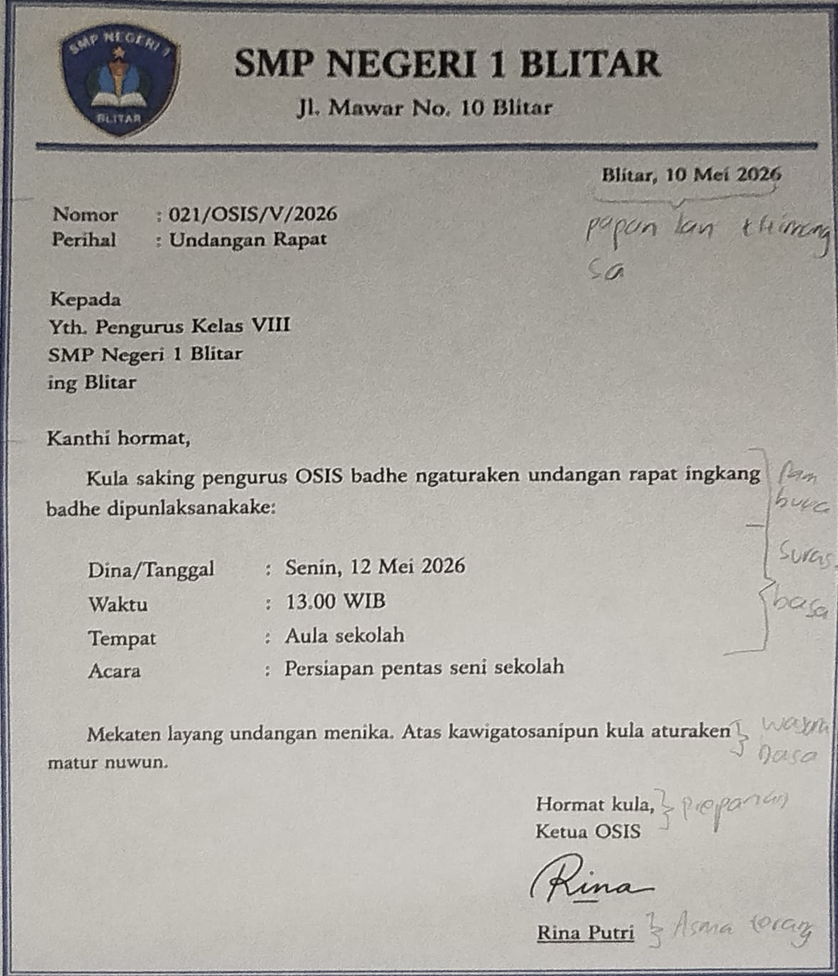 <p>Sing ngirim layang yaiku ....</p><p>A. kepala sekolah</p><p>B. wali kelas</p><p>C. Ketua OSIS</p><p>D. siswa kelas VII</p>