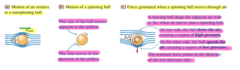 <p>Magnus effect:</p><p>(a) motion of air relative to a nonspinning ball</p><p>(b) motion of a spinning ball</p><p> * This side (top) of the ball moves opposite to the airflow. </p><p> * This side (bottom) of the ball moves in the direction of the air flow.</p><p>(c) force generated when a spinning ball moves through air</p><p> * A moving ball drags the adjacent air with it. So, when air moves past a spinning ball:</p><p> - On one side, the ball slows the air, creating a region of high pressure.</p><p> - On the other side, the ball speeds the air, creating a region of low pressure. </p><p>The resultant force points in the direction of the low-pressure side.</p><p>Soccer field: </p><p> * A goalie kicks the ball - the ball starts spinning clockwise in the air, moving further away, the air moves faster -> less pressure is on the ball.</p><p> - Slower moving air = more pressure.</p>