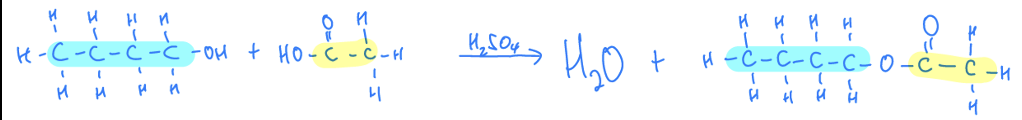 <p>Carboxylic acid + alcohol —> ester + water, where sulfuric acid presents as a catalyst</p>