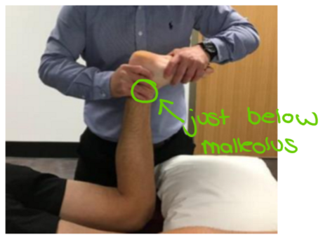<ul><li><p>Grade III</p></li><li><p>Cup posterior heel and grasp just below malleolus</p></li><li><p>Produce inversion/eversion</p></li></ul><p></p>