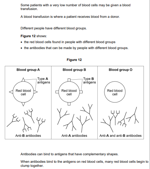 <p>2021: In one type of blood transfusion, only red blood cells from a donor are transferred to the patient.</p><p>It is dangerous for a patient with blood group A to receive red blood cells from a donor with blood group B. </p><p>Explain why (3)</p>