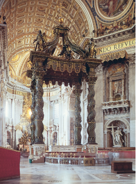 <p>Gian Lorenzo Bernini (1624–1633) in St. Peter's Basilica,Bronze casting</p><p>-Stands directly over the high altar and tomb of Saint Peter</p><p>-Its seen as Baroque as it creates a sense of motion, energy, and grandeur.</p><p>-Shows the wealth and authority of the Catholic Church</p>