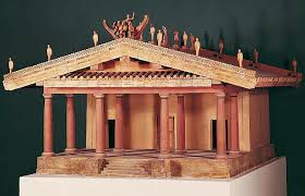 <p>Materials: wood (main skeleton), mud brick (walls), tufa or stone (foundation/base), terracotta (roof tiles/deco)</p><p></p><p>Archaic period</p><p></p><p>Raises platform with steps only on front. Deep front porch with columns. usually three rooms for different gods. Bright decorated roof sculptures.</p>