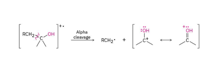 <p>Alcohols commonly fragment next to the carbon attached to oxygen.</p><p>This is called alpha cleavage: The bond adjacent to the OH-bearing carbon breaks, producing characteristic fragments.</p>