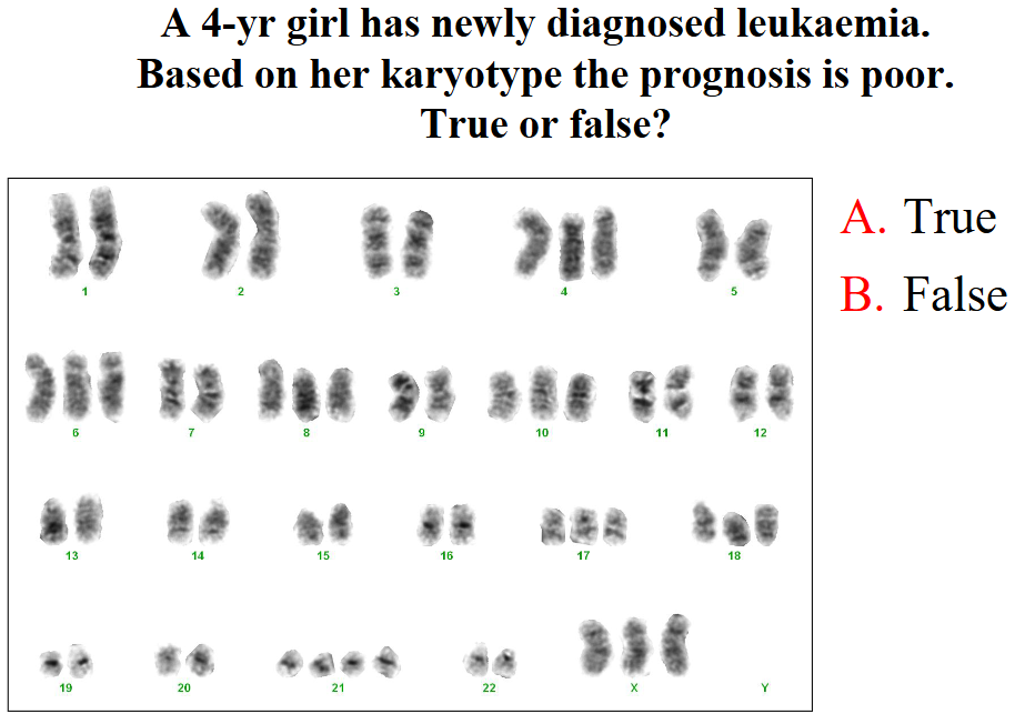 <p>A 4 yr girl has newly diagnosed leukaemia. Based on her karyotype the prognosis is poor. True or false?</p>