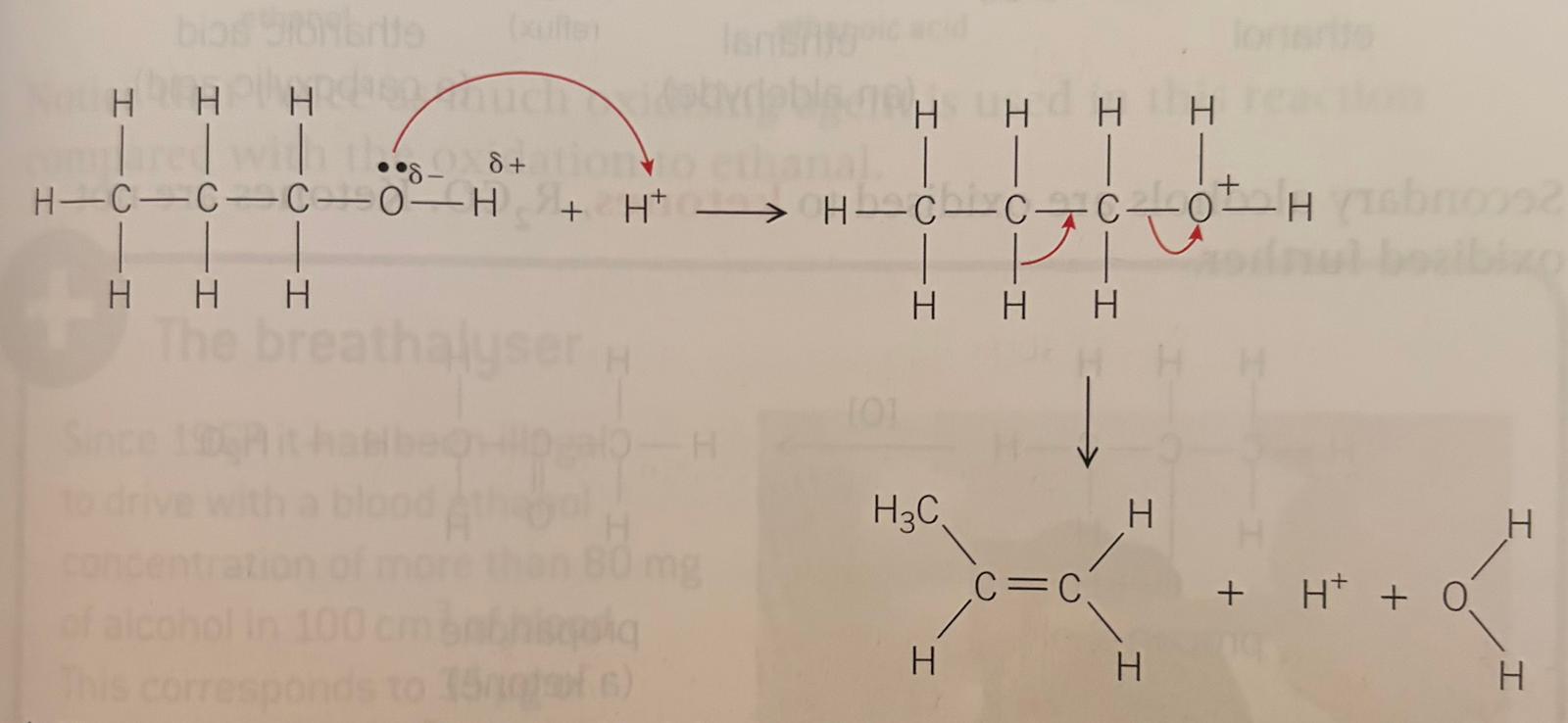 <p>Reactions where a small molecule leaves a parent molecule, for alcohols a water molecule leaves.</p><p>Dehydration:</p><p>Alcohols can be dehydrated with excess hot concentrated sulfuric acid at a high temperature or by passing their vapours over heated aluminium oxide.</p><p>For mechanism See Image.<br>This reaction means that addition polymers can be produced without the need for Crude Oil.</p>