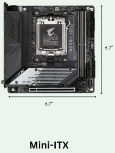 <ul><li><p><strong>ITX</strong> = Information Technology Extended</p></li><li><p>Small, low-power boards</p></li><li><p>Screw-compatible with ATX → fits most cases</p></li><li><p>Ideal for <strong>single-purpose computing</strong> (e.g., media streaming)</p></li><li><p>6.7” x 6.7”</p></li></ul><p></p>