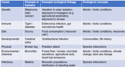 <ul><li><p><span style="background-color: transparent;"><strong>Disease</strong>: a harmful condition affecting an individual, sometimes reducing its growth, survival, or reproduction (or causing pain/suffering)</span></p></li><li><p><span style="background-color: transparent;">Major Types of Disease Causes:</span></p></li></ul><p></p>